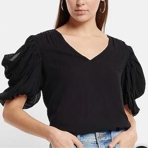 Express Black V-Neck Puff Draped Short Sleeve Blouse Top Women’s Size S NWT